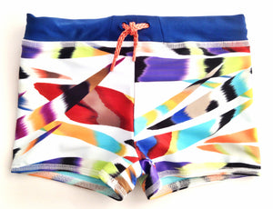 boys fun printed swim trunk with European fit and rust color drawstring 